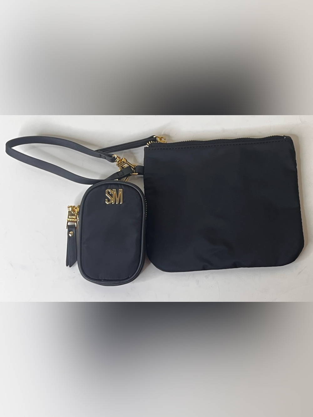 Steve Madden Black Nylon Wristlet with Gold SM Charm mini pouch NWOT